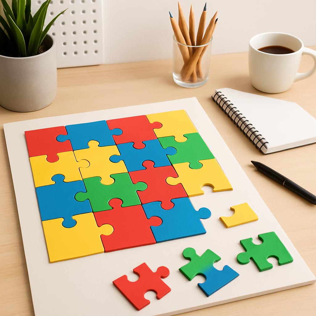 A flat lay photograph of a desk with an assortment of colorful puzzle pieces and other stationery items. • Colorful puzzle...