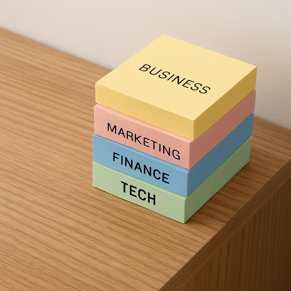 A stack of pastel-colored business cards with the categories 'business', 'marketing', 'finance', and 'tech' displayed in b...