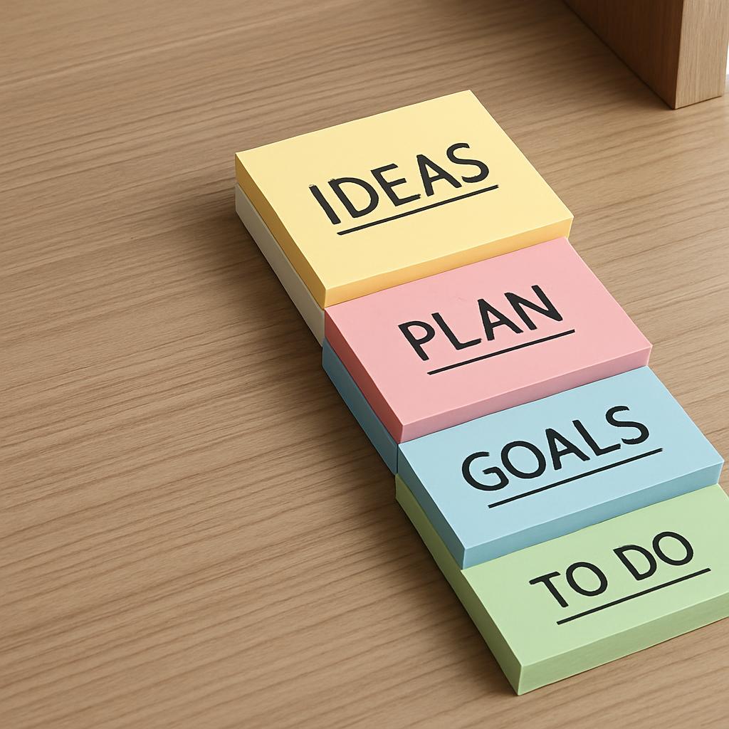 It appears the alt-text is: "Stack of post-it notes with 'ideas', 'plan', 'goals' and 'to do' written on them."